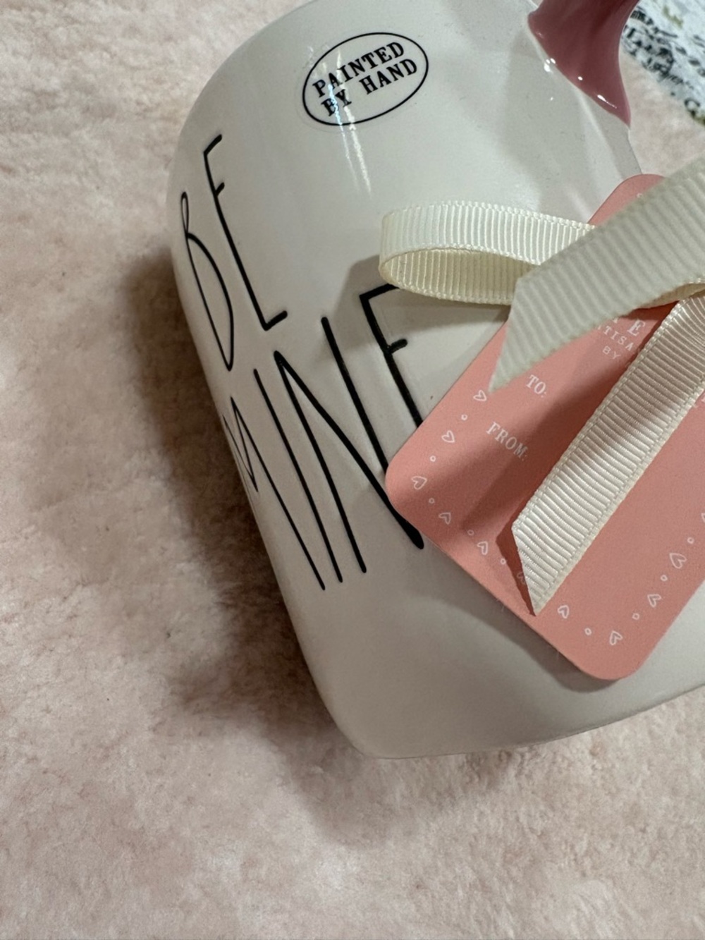 Rae Dunn White Ceramic Mug with Pink Accent